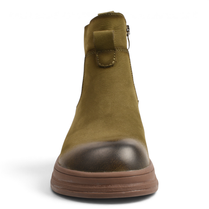 ada-shoes.ro casual ankle boots in khaki nubuck leather with a distressed toe and flexible brown sole