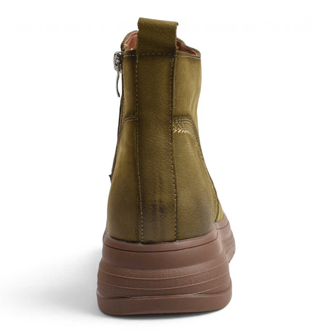 Back view of ada-shoes.ro khaki nubuck leather casual boots with a brown flexible sole and side zipper