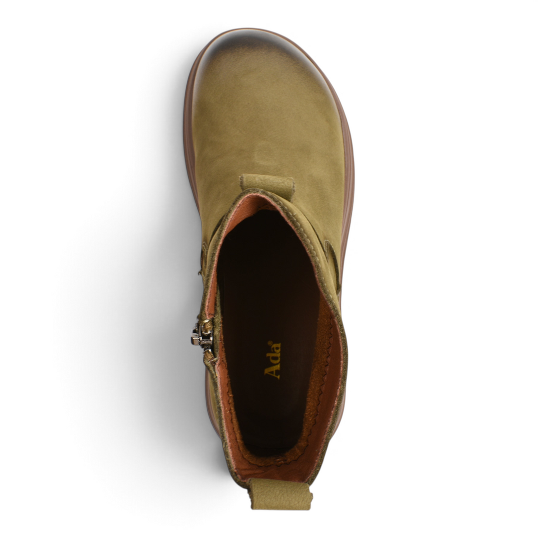 ada-shoes.ro khaki nubuck leather casual ankle boots with side zipper and flexible brown sole, top view