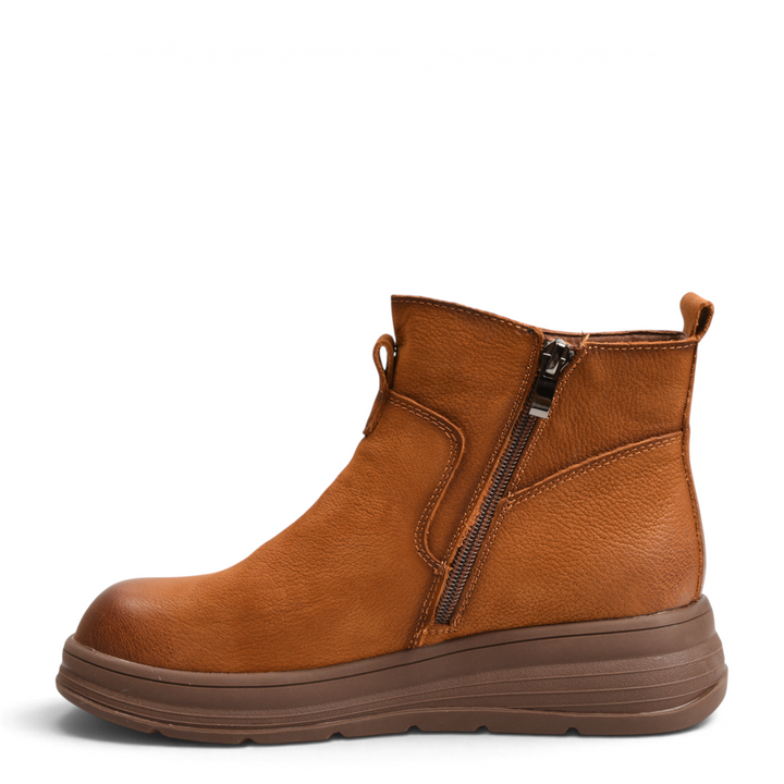 ada-shoes.ro casual ankle boots in cognac brown nubuck leather with side zipper and flexible rubber sole