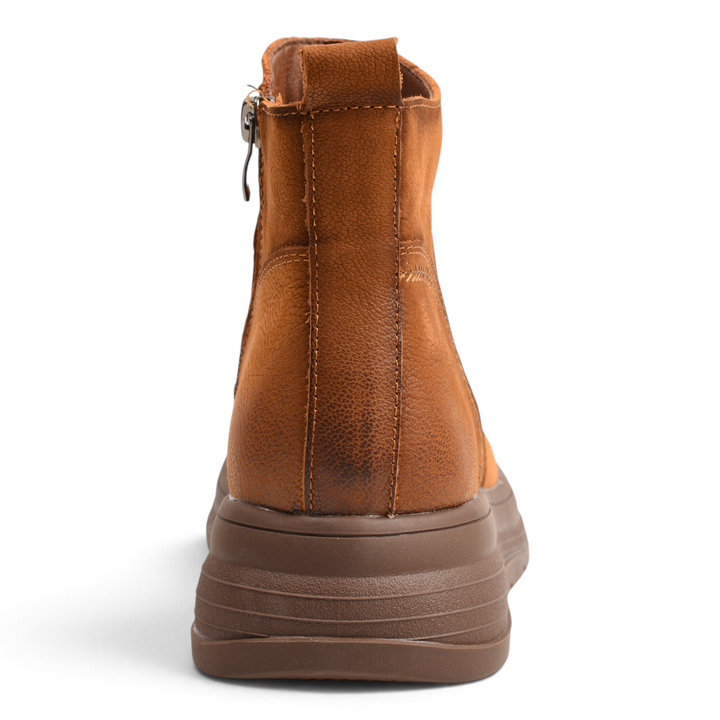 ada-shoes.ro brown nubuck leather casual ankle boots with side zipper and flexible rubber sole, back view