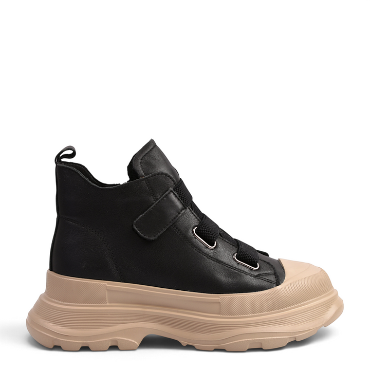 ada-shoes.ro black leather chunky sneaker boots with beige rubber toe cap and thick platform sole