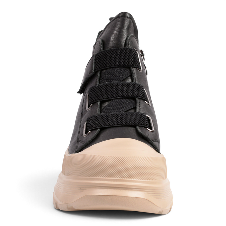 ada-shoes.ro black leather chunky boots with beige rubber toe cap and elastic strap closure, front view