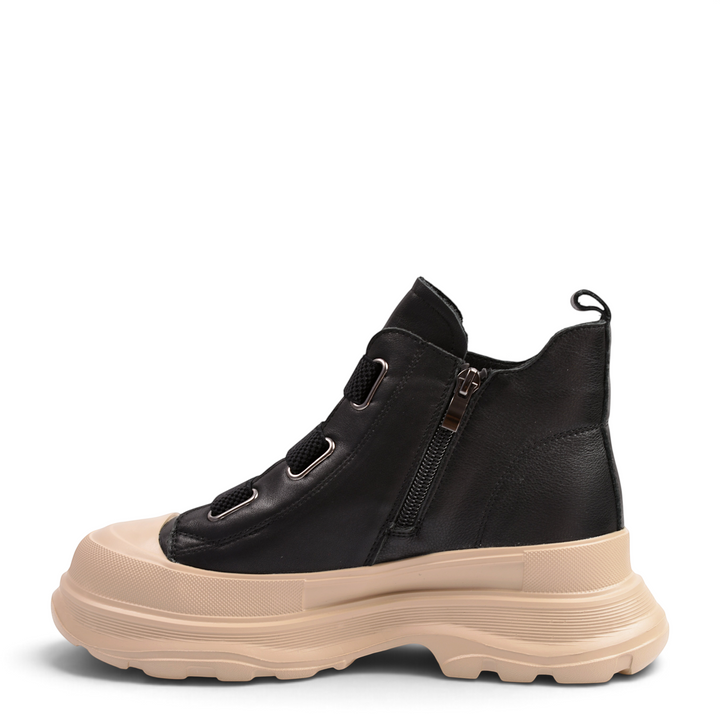 ada-shoes.ro black leather chunky ankle boots with beige rubber toe cap and side zipper for women