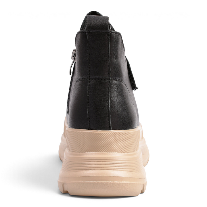 ada-shoes.ro black leather ankle boots with a chunky beige sole, rear view showing zipper and heel pull tab