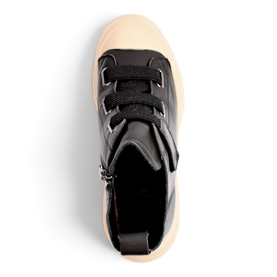 ada-shoes.ro black leather chunky boots with beige rubber toe cap and elastic straps, top-down view