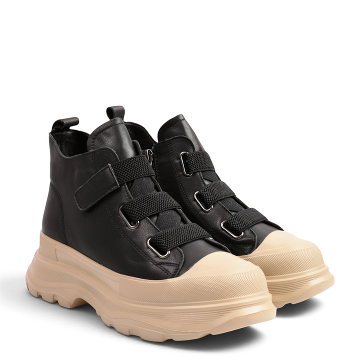ada-shoes.ro black leather chunky sneaker boots with beige rubber toe caps and elastic strap closures