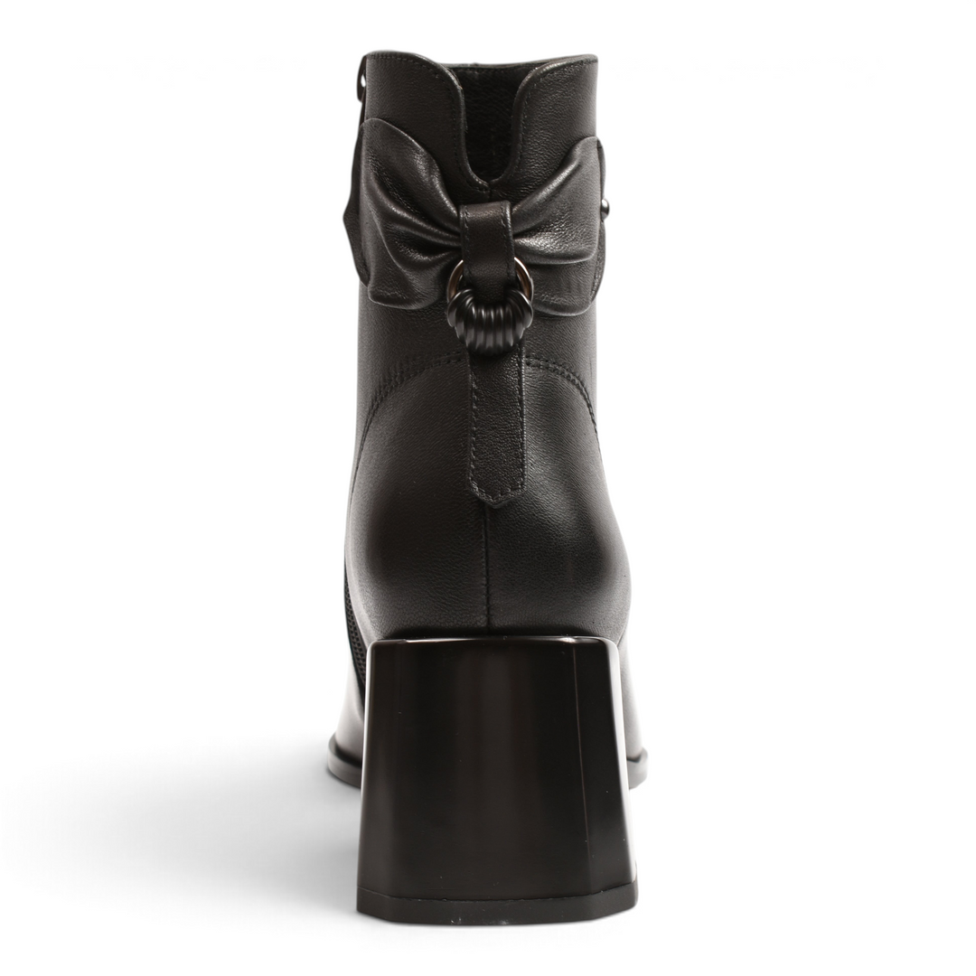Back view of black leather Epica ankle boots from ada-shoes.ro featuring a decorative bow and block heel