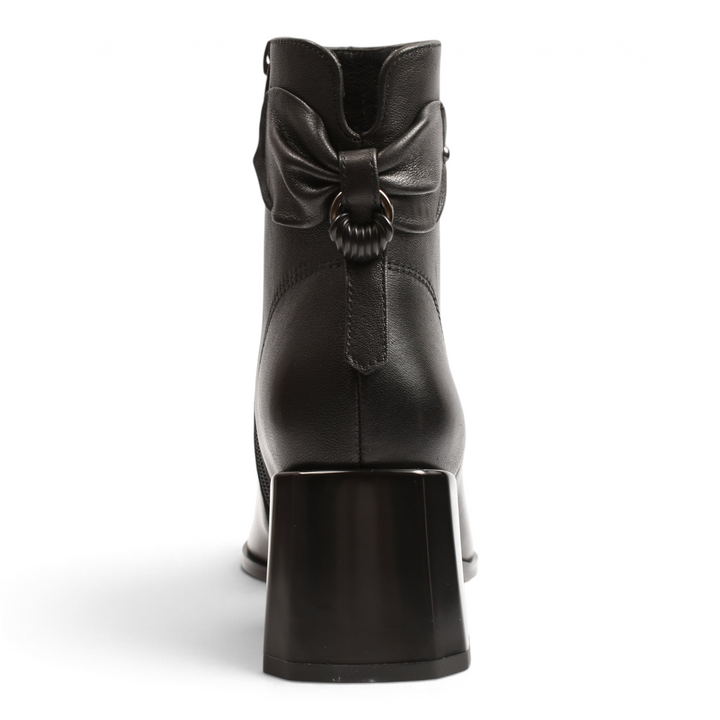 Back view of black leather Epica ankle boots from ada-shoes.ro featuring a decorative bow and block heel