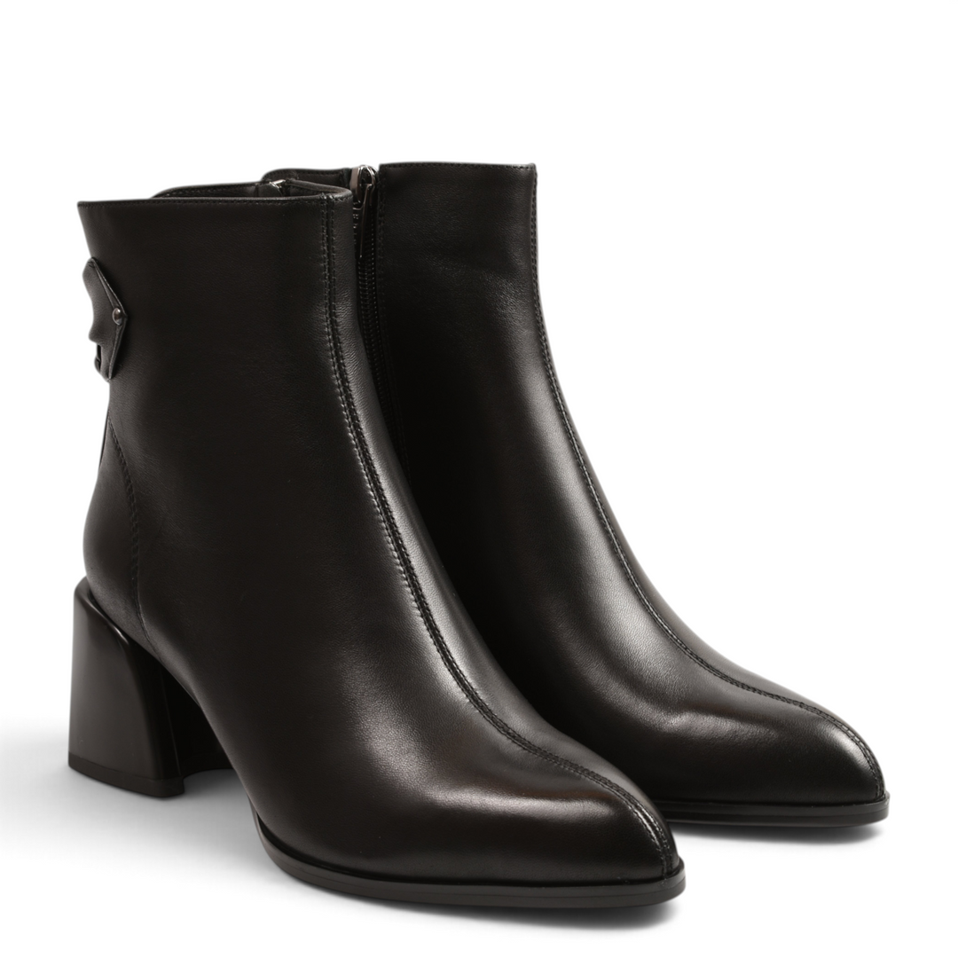 ada-shoes.ro Epica black leather ankle boots with block heel, almond toe, and decorative bow detail at the heel