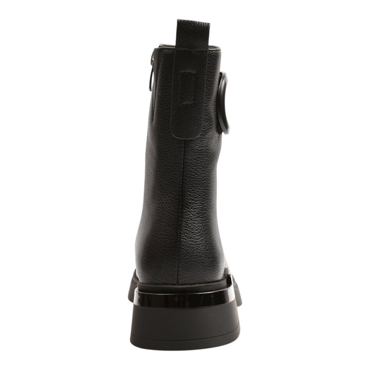 ada-shoes.ro Epica black grained leather ankle boots with a thick flatform sole and metallic heel detail, rear view