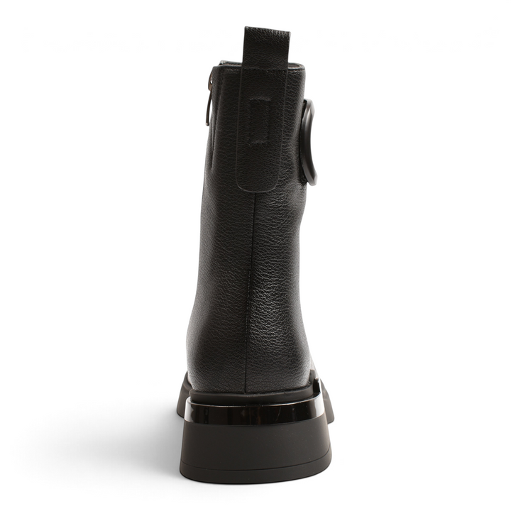 ada-shoes.ro Epica black grained leather ankle boots with a thick flatform sole and metallic heel detail, rear view