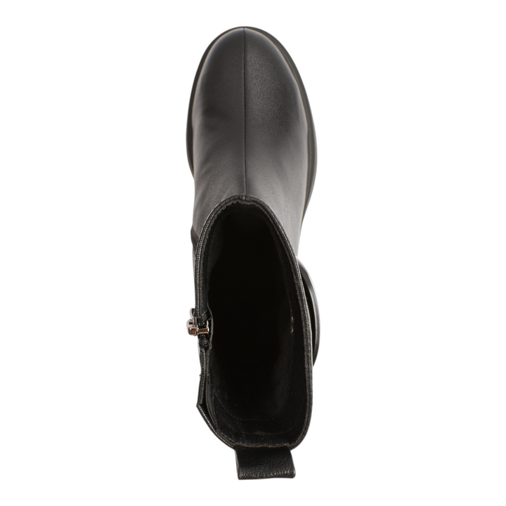 Top view of black leather Epica ankle boots with a side zipper and pull tab on a white surface from ada-shoes.ro