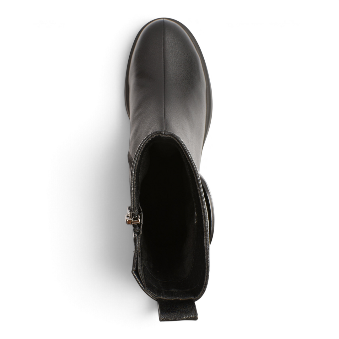 Top view of black leather Epica ankle boots with a side zipper and pull tab on a white surface from ada-shoes.ro