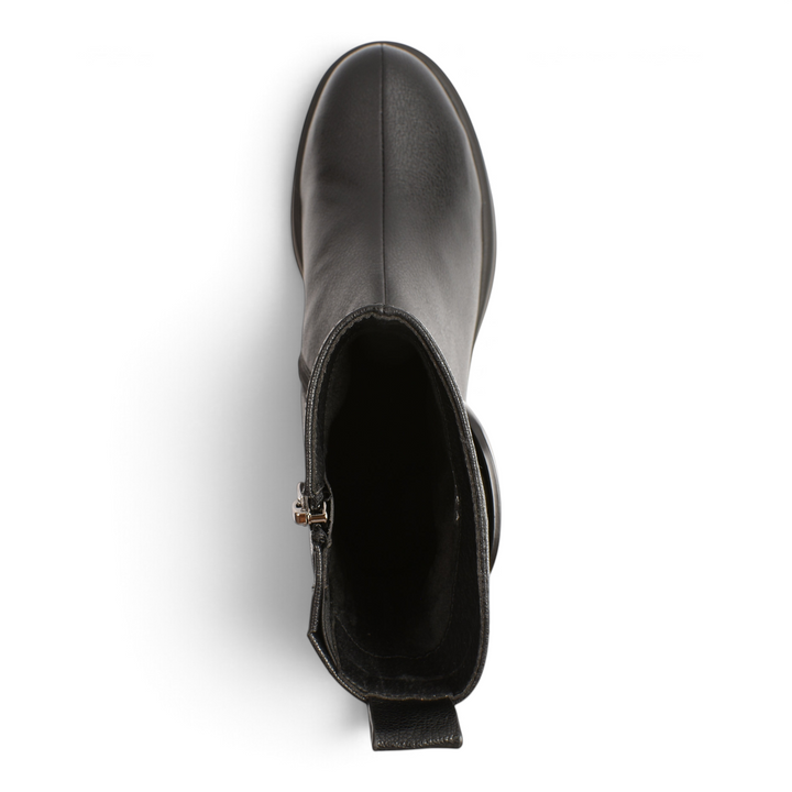 Top view of black leather Epica ankle boots with a side zipper and pull tab on a white surface from ada-shoes.ro