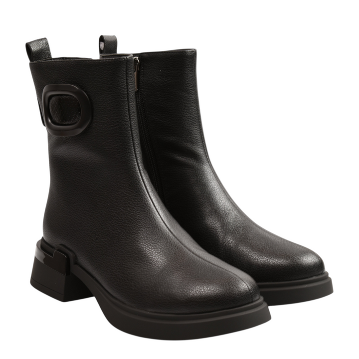 ada-shoes.ro Epica black grained leather ankle boots with oval side detail and block heel