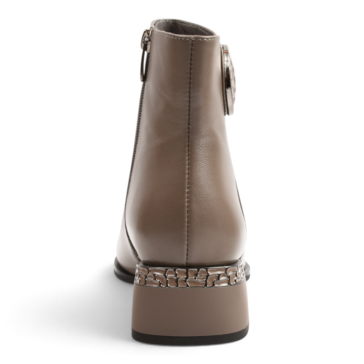 ada-shoes.ro Epica taupe leather ankle boots with a metallic heel detail and side zipper, rear view.