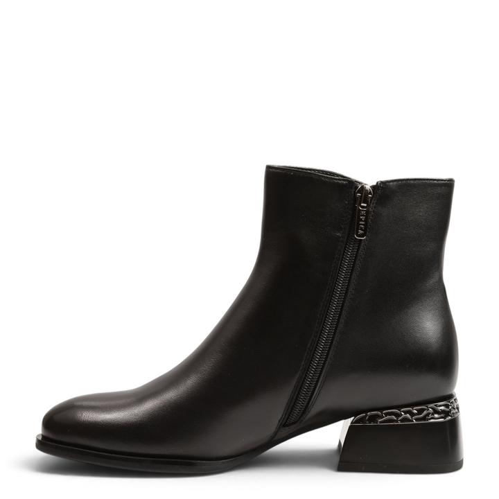ada-shoes.ro Epica black leather ankle boots with a side zipper and a decorative metallic block heel.