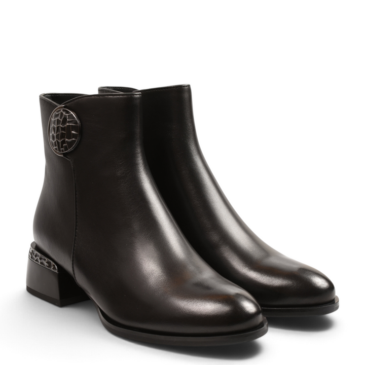 ada-shoes.ro Epica black leather ankle boots with a decorative metallic button and engraved block heel