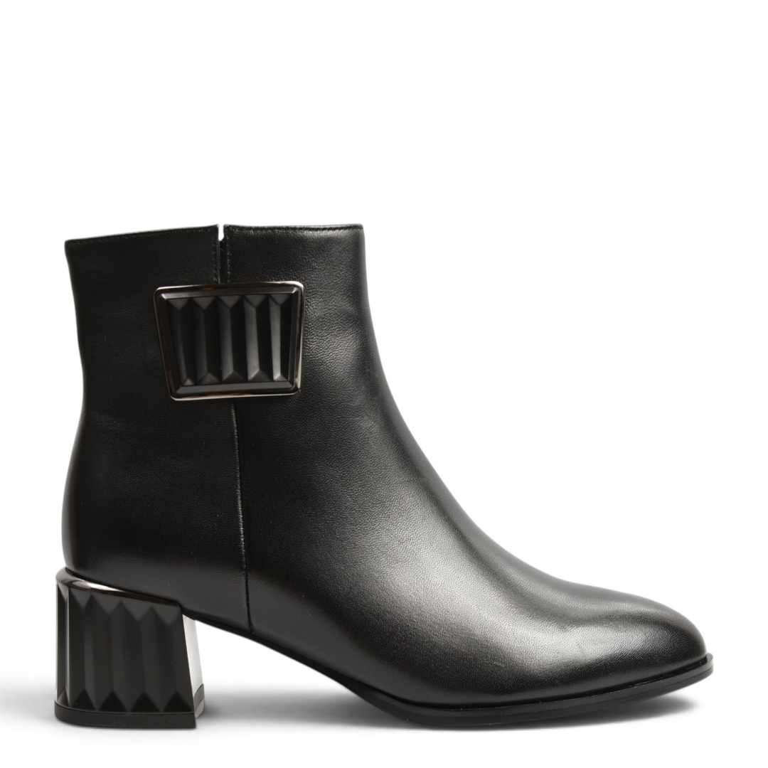 ada-shoes.ro black leather ankle boots with a geometric sculpted block heel and matching decorative side plate