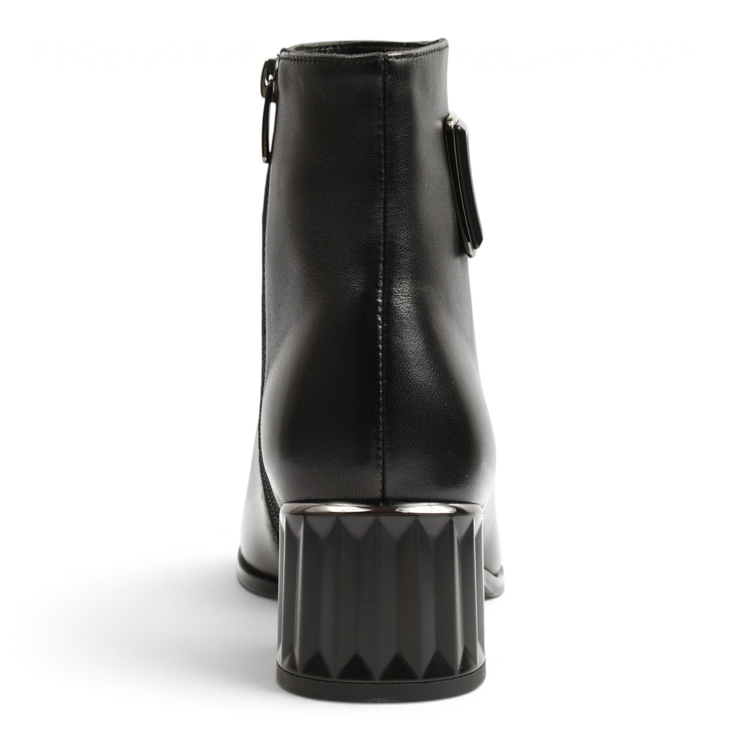 ada-shoes.ro Epica black leather ankle boots with a geometric sculpted block heel and metallic accent, back view