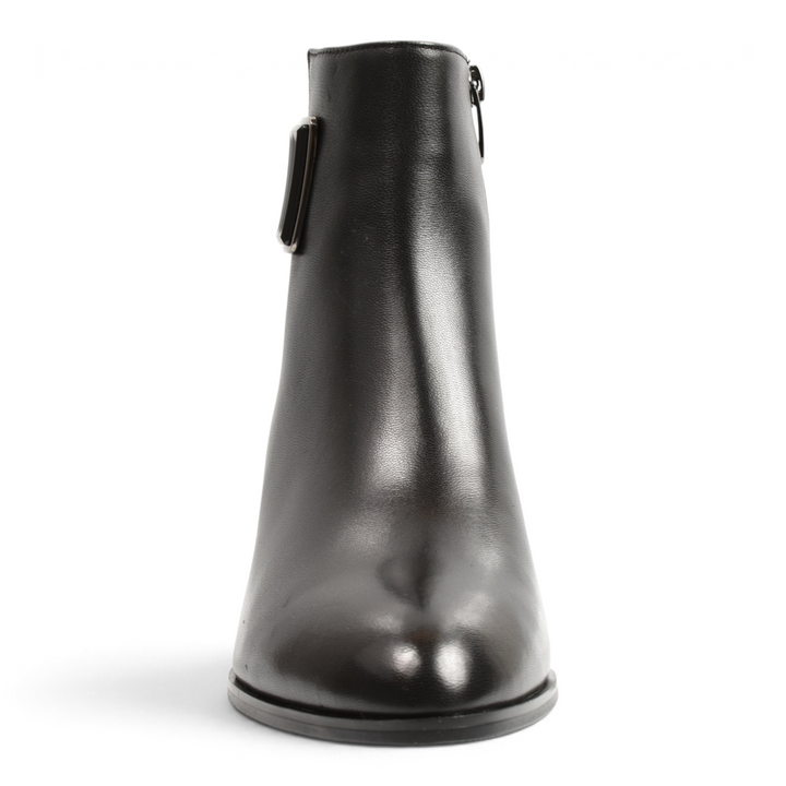 ada-shoes.ro black leather ankle boots with a rounded toe and side zipper, featuring a geometric decorative buckle.