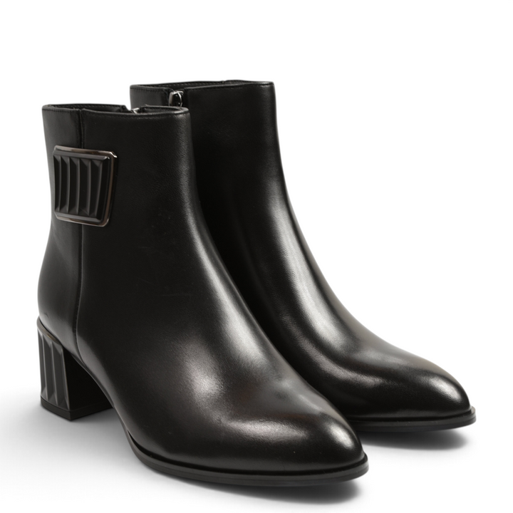 ada-shoes.ro black leather ankle boots with a sculpted geometric block heel and decorative side buckle detail