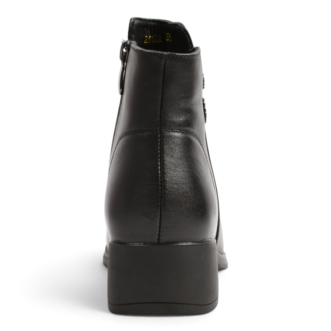 ada-shoes.ro black leather ankle boots with a medium block heel and side zipper, viewed from the back