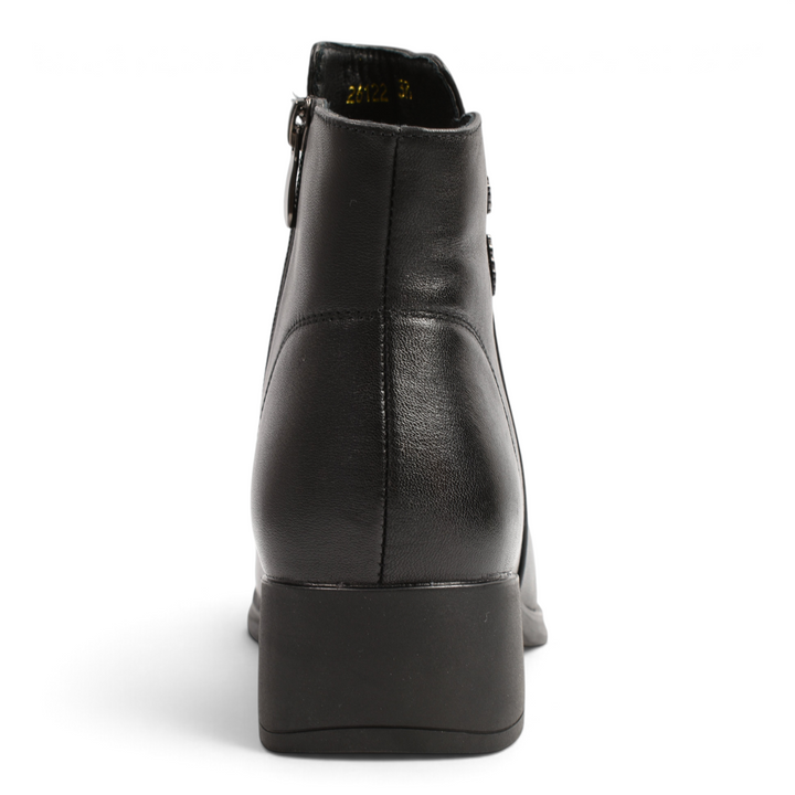 ada-shoes.ro black leather ankle boots with a medium block heel and side zipper, viewed from the back