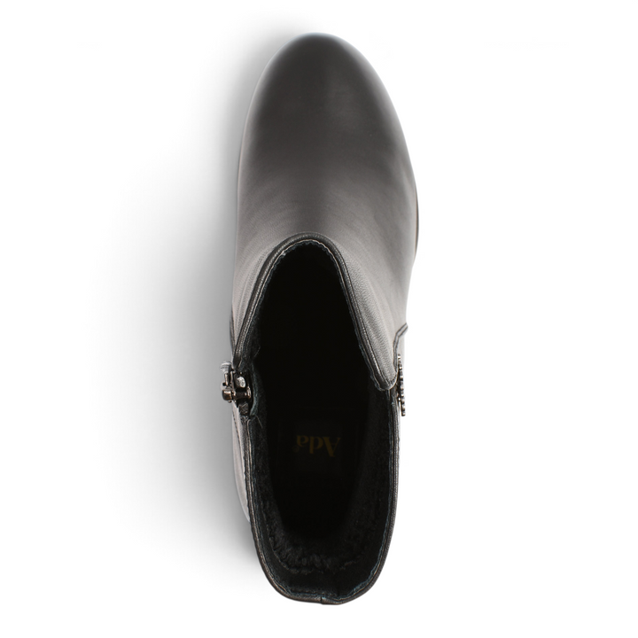 Top view of black leather ankle boots from ada-shoes.ro with a rounded toe and side zipper closure.