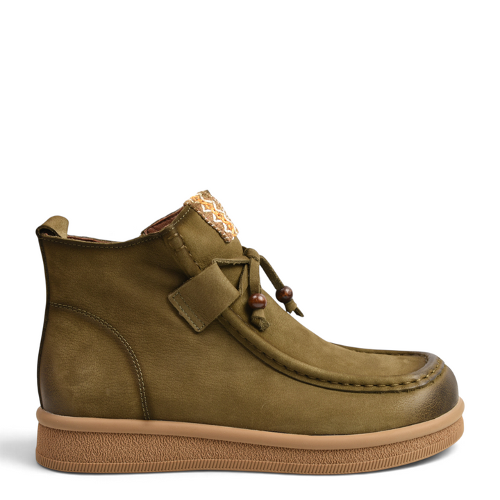 ada-shoes.ro khaki nubuck leather boho-casual ankle boots with side zipper, wooden bead details, and flat rubber sole