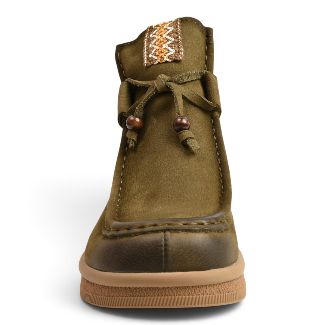 ada-shoes.ro khaki nubuck leather boho moccasin boots with wooden bead detail and embroidered tongue