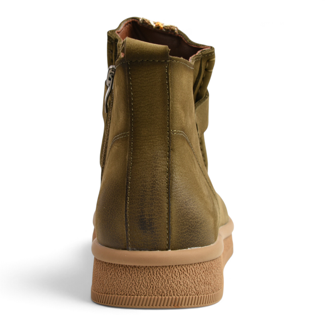 Back view of ada-shoes.ro khaki nubuck leather ankle boots with a flat textured sole and side zipper detail