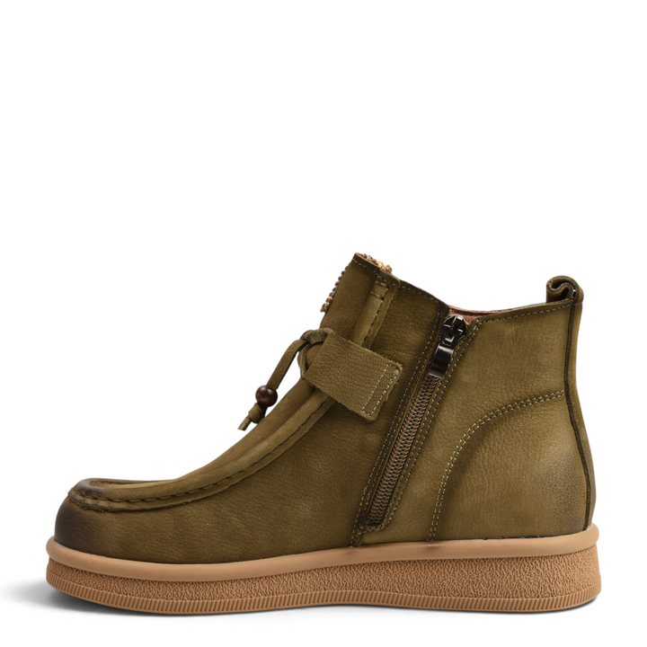 ada-shoes.ro khaki nubuck leather boho-casual ankle boots with side zipper and flat textured sole