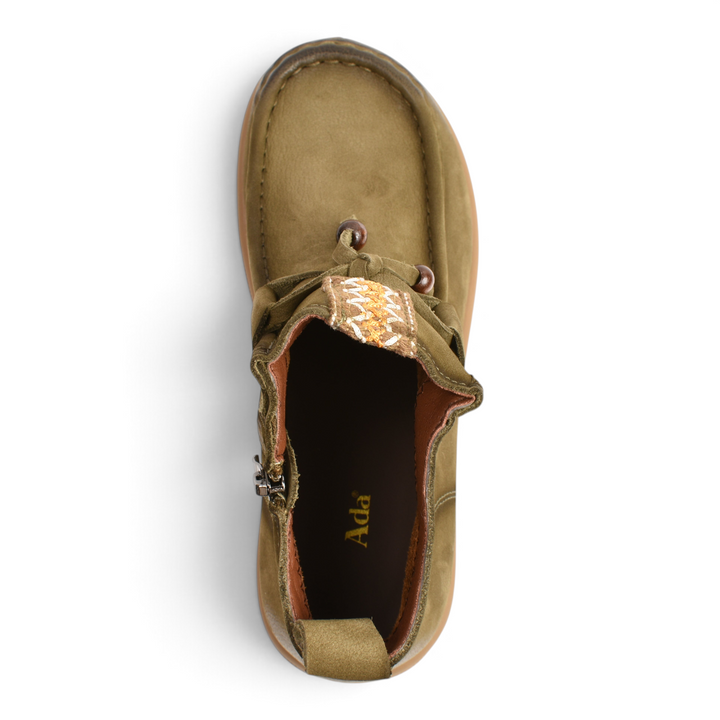 ada-shoes.ro khaki nubuck leather boho-casual ankle boots with side zipper and embroidered tongue detail