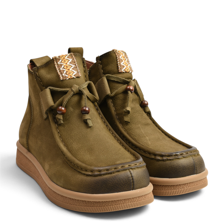 ada-shoes.ro khaki nubuck leather boho-casual ankle boots with moccasin stitching, wooden beads, and side zipper