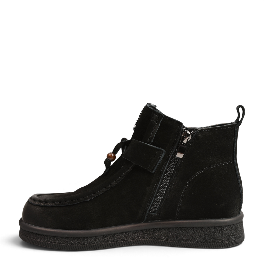 ada-shoes.ro black nubuck leather boho-casual ankle boots with side zipper, wooden bead detail, and flat flexible sole
