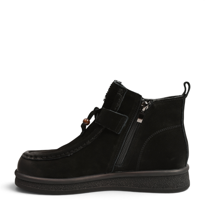 ada-shoes.ro black nubuck leather boho-casual ankle boots with side zipper, wooden bead detail, and flat flexible sole