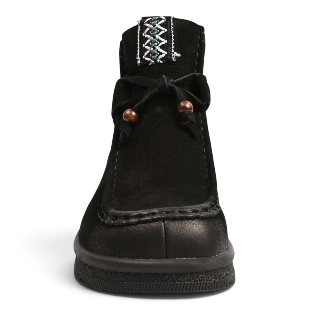 ada-shoes.ro black nubuck leather boho-casual moccasin boots with wooden bead detail and embroidered tongue