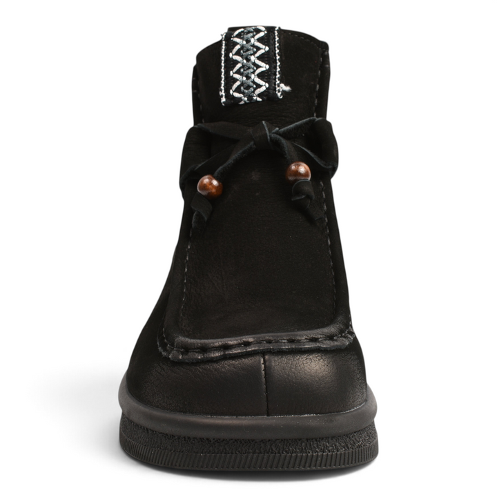 ada-shoes.ro black nubuck leather boho-casual moccasin boots with wooden bead detail and embroidered tongue