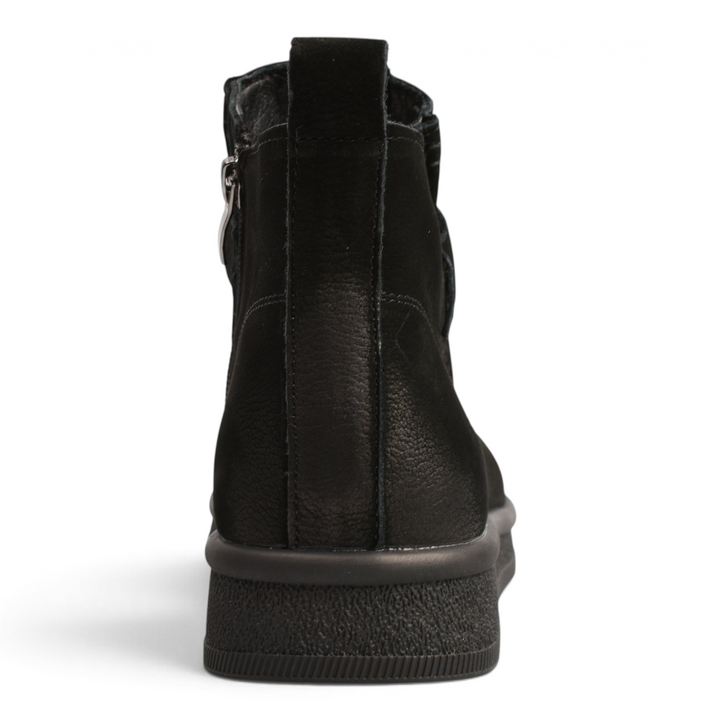 ada-shoes.ro black nubuck leather ankle boots with a low flat sole, shown from the back view.