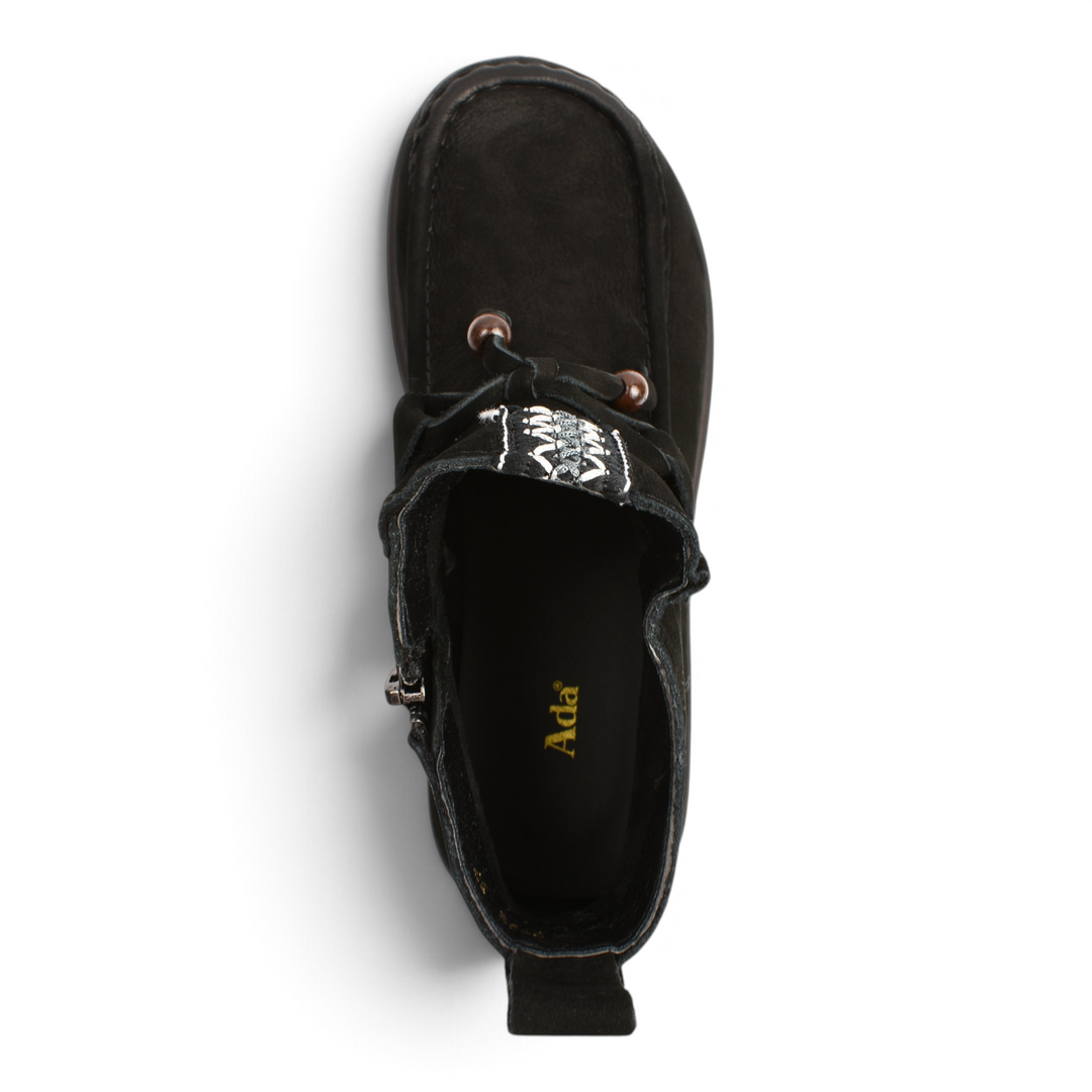 Top view of black nubuck leather Ada Shoes 5782-N boho-casual ankle boots with decorative beads and ethnic embroidery