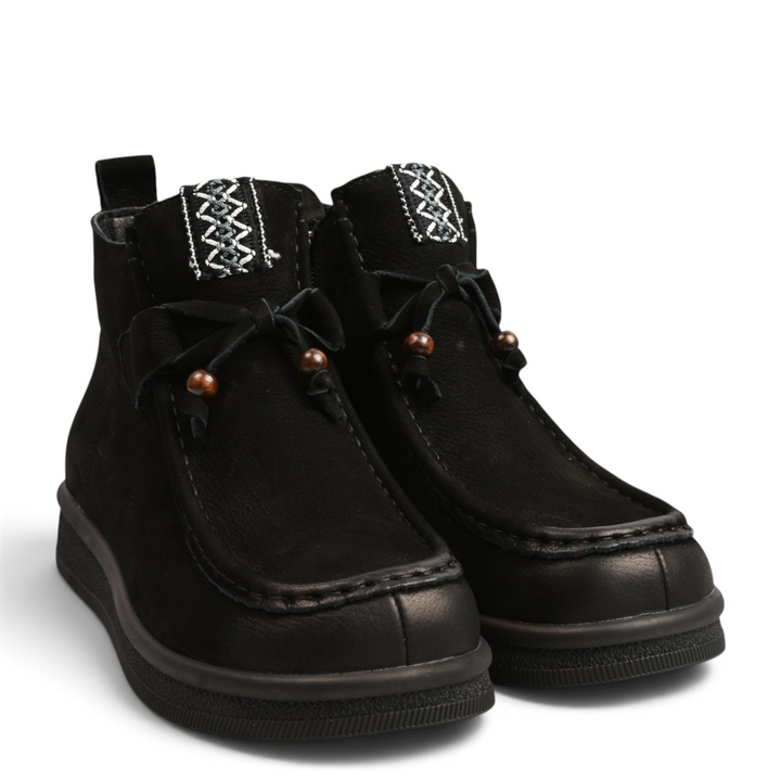 ada-shoes.ro black nubuck leather boho-casual ankle boots with moccasin stitching, wooden bead details, and embroidery.
