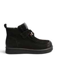 ada-shoes.ro black nubuck leather boho-casual ankle boots with side zipper, wooden bead details, and flat flexible sole.
