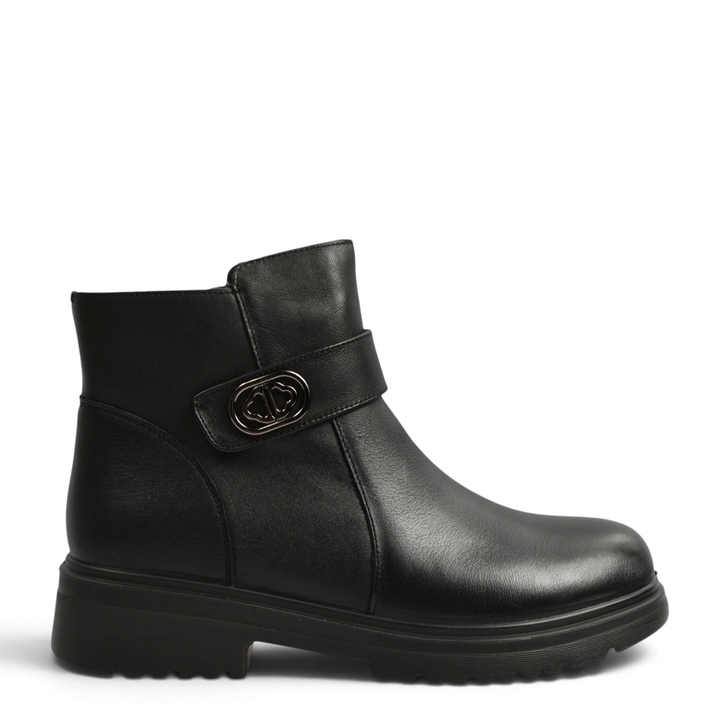 ada-shoes.ro black leather ankle boots with a decorative strap, oval metal buckle, and thick lug sole
