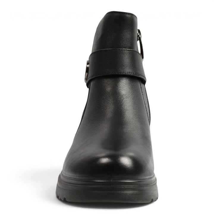 ada-shoes.ro black leather ankle boots with a decorative strap, oval metal buckle, and thick lug sole