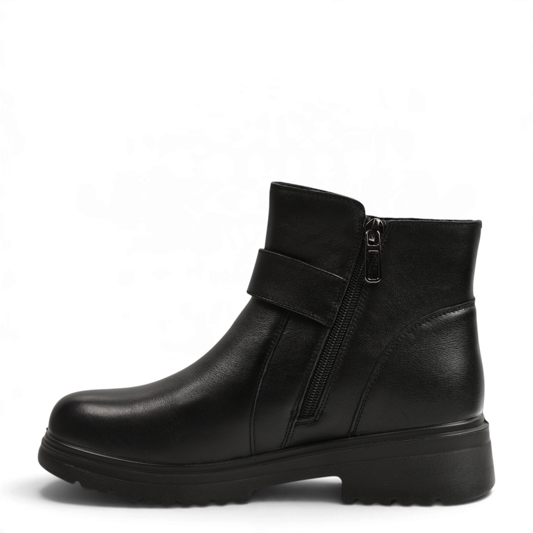 ada-shoes.ro black leather ankle boots with side zipper, decorative strap, and thick lug sole for women