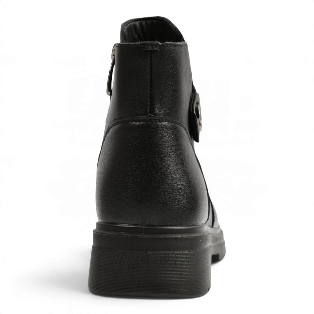 ada-shoes.ro black leather ankle boots with a thick sole and side buckle detail, viewed from the back
