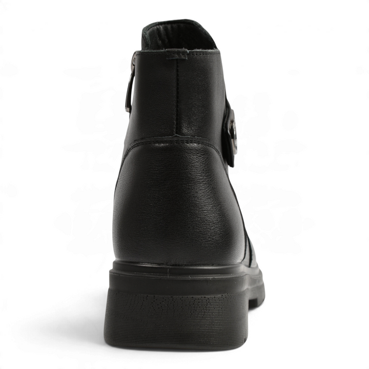 ada-shoes.ro black leather ankle boots with a thick sole and side buckle detail, viewed from the back