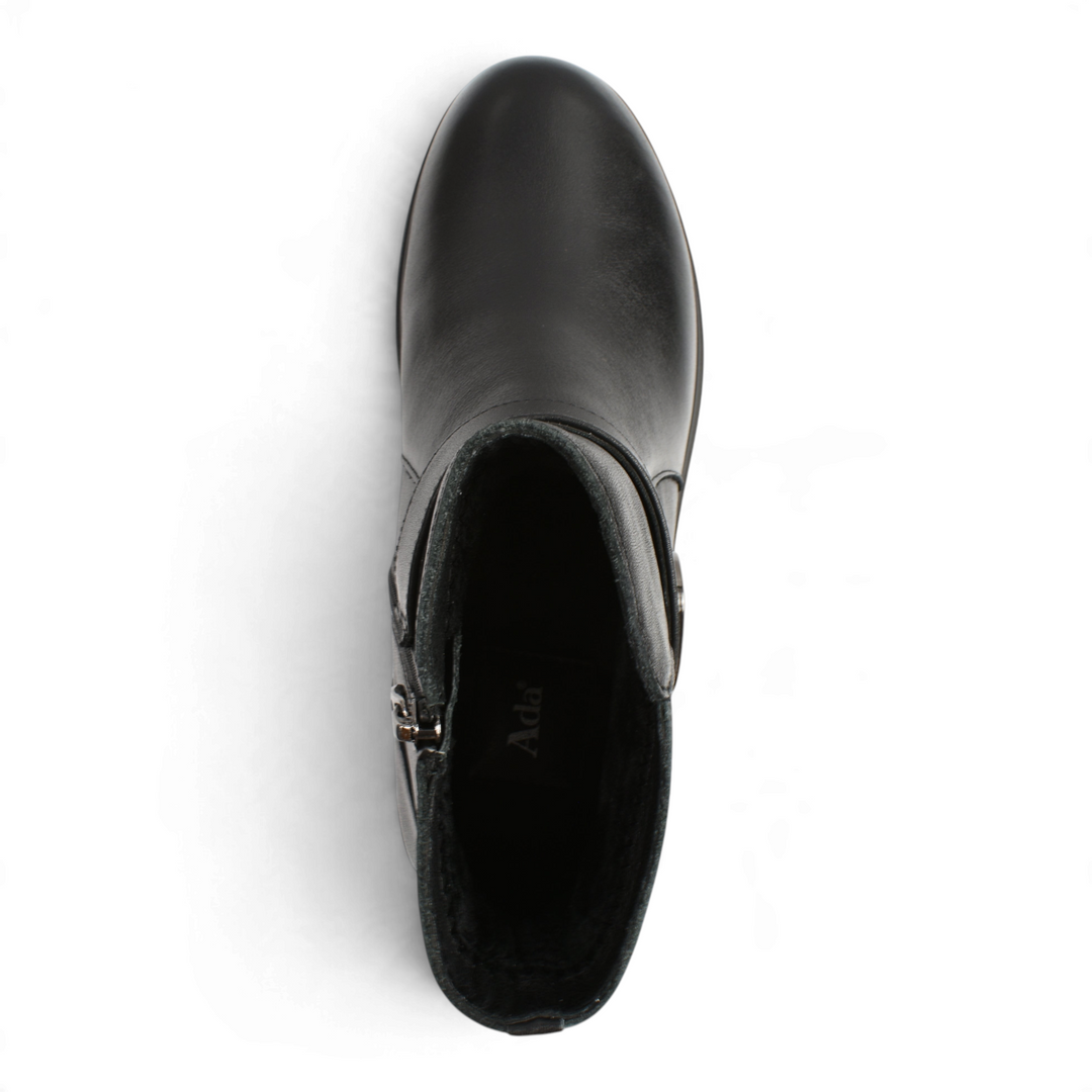 Top view of black leather ankle boots by ada-shoes.ro with a side zipper and decorative buckle detail.
